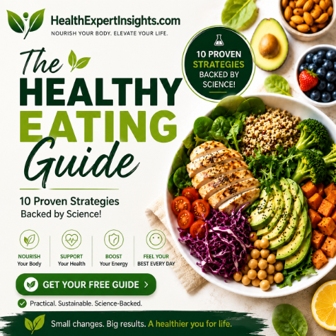 Healthy vegetables assortment featuring 'The Healthy Eating Guide' text.